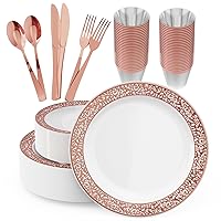 150 Count Rose Gold Dinnerware Set, Elegant Plastic Plates Include: 25 Gold Lace Plastic Plates, 25 Dessert Plates, 25 Forks, 25 Knives, 25 Spoons, 25 Cups for Party, Thanksgiving