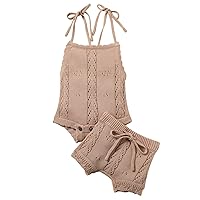 Qiylii Newborn Baby Girls Boys Summer Beach Clothes, Solid Lace-up Knitted Backless Rompers + Drawstring Shorts 2PC Set
