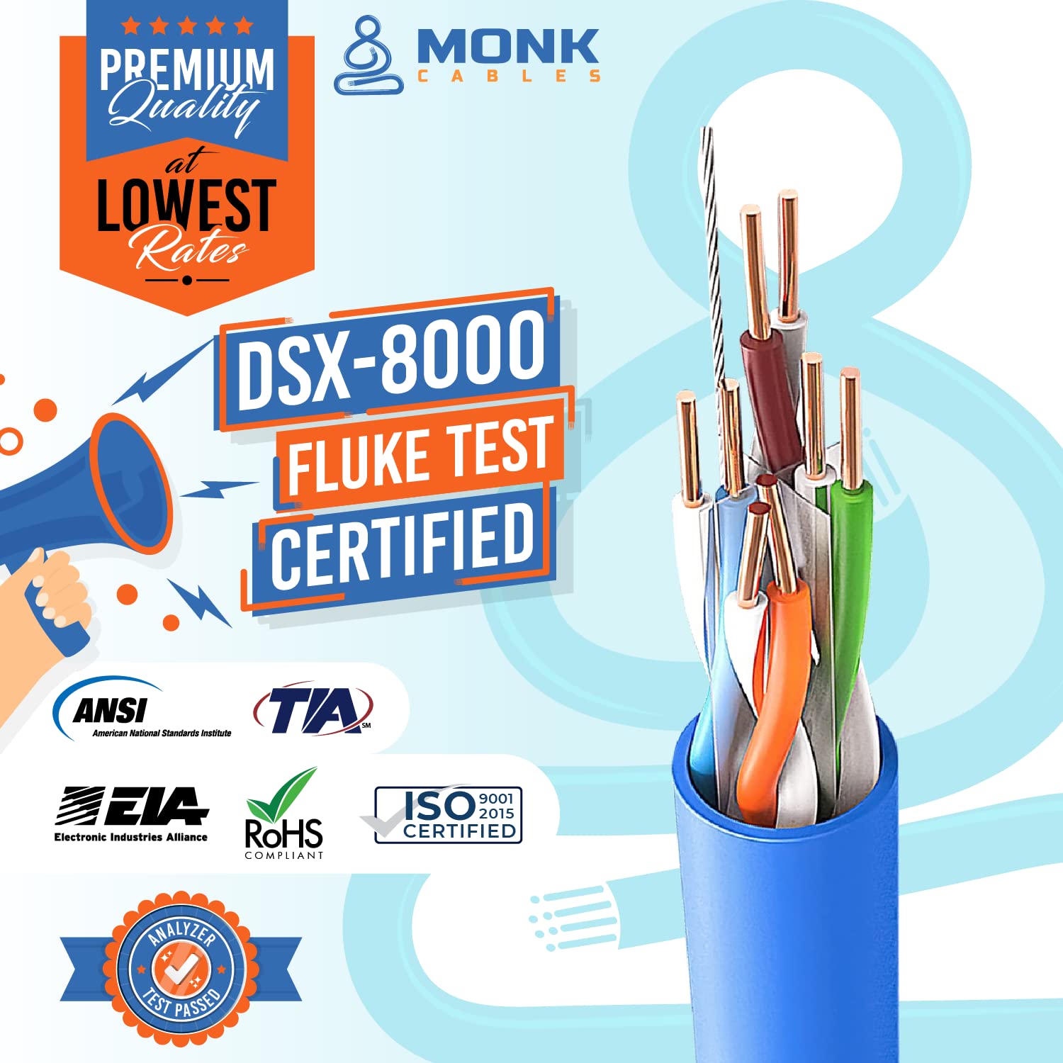 MONK CABLES | CAT6 Plenum Cable 1000FT | UTP, 23AWG, 550MHz | DSX-8000 Fluke Test Certified | Most Certified Cable of The Whole Market (Blue)
