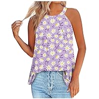 Summer Halter Neck Tank Tops for Women Floral Printed Pleated Loose Fit Sleeveless Tops Trendy Flowy Tunic Blouses