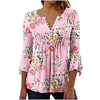Women Summer Tops Sexy Pleated Floral Printed T Shirt Summer 3/4 Sleeves T-Shirt V Neck Button Henley Tshirt Blouses