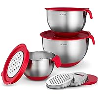 Stainless Steel Nesting Bowls with Lids Homikit Mixing Bowl Red Metal Serving Baking Prepping Storing Bowl Set of 3 1.5/3/5L Long Handle Silicone Base Graters Pour Spout Scale Marks 