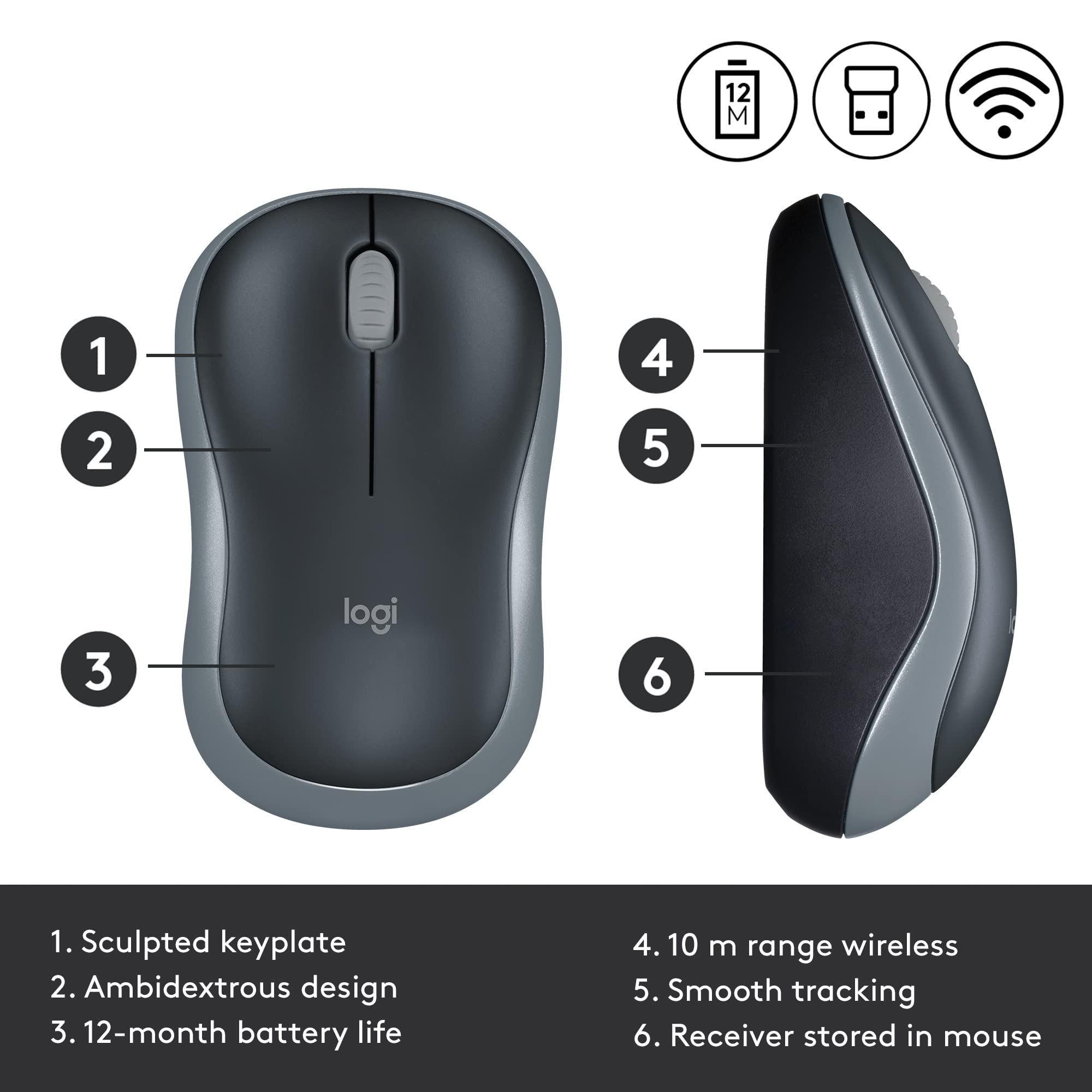 Logitech M185 Wireless Mouse, 2.4GHz with USB Mini Receiver, 12-Month Battery Life, 1000 DPI Optical Tracking, Ambidextrous PC/Mac/Laptop - Swift Gray