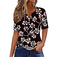 Womens Short Sleeve Tunic Tops Henley Shirt Summer Casual Boho Floral Print T-Shirts Button Up Blouse Casual Tunic