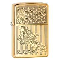 Lighter: USA Flying Eagle and Flag, Engraved - High Polish Brass 80744