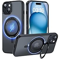 TAURI 360°Rotatable Magnetic Ring for iPhone 15 Case Black, [Designed for Magsafe] with Stand & Ring Holder, Translucent Matte Shockproof Slim Phone Case for iPhone 15, 6.1