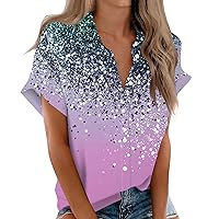 Spring Pub Short Sleeve Blouses Ladies Modern Tunic Light Polyester Shirts Womens Print Fitted V Neck Button-Down Pink L