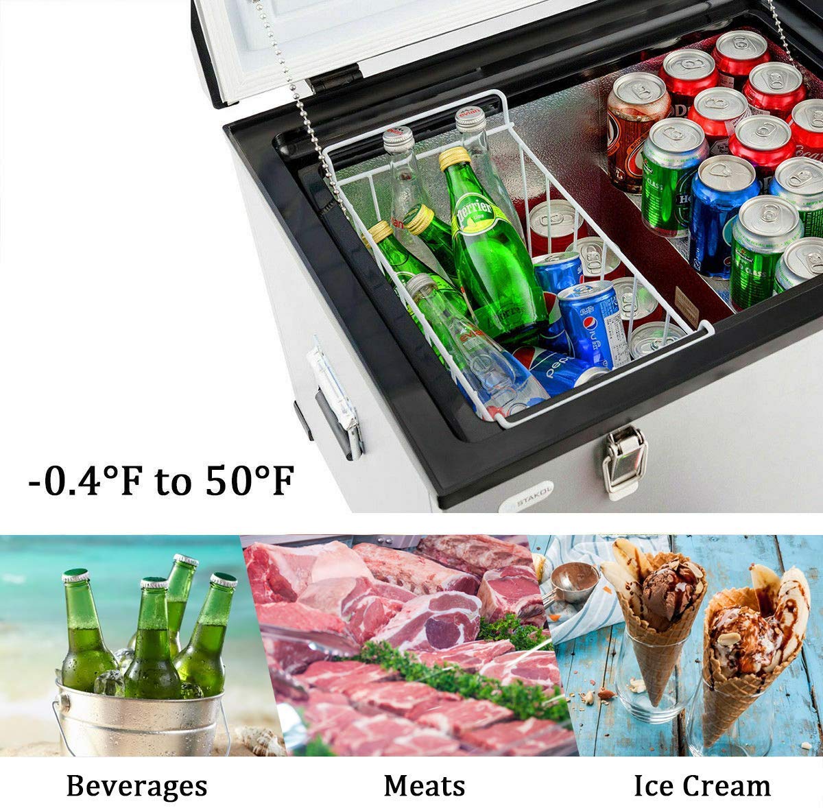 ReunionG 63-Quart Chest Freezer with LCD Display, Temperature-Adjustable Mini Vehicle Refrigerator with Removable Basket and Handles, Portable Electric Cooler Fridge for Home, RVs and Office
