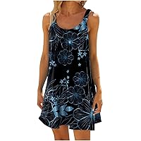 T-058 Black Juniors Sleeveless Dress Flower Graphic Loose Fit Dress for Women Crewneck Beach Lounge Hawaiian Ruched Tropical Midi Knee Length Fall Summer Dress 2024 3N XL