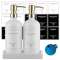 Thick Glass Soap Dispenser - Kitchen Dish Soap Dispenser &Hand Soap Dispenser Set,Rustproof Pump Soap Dispenser Bathroom with Tray,14 Stickers for Kitchen Decor White Bottle/Gold Pump
