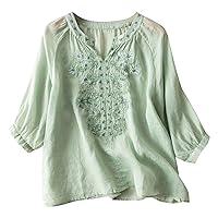 3/4 Sleeve Cotton Linen Shirts for Women Dressy Casual Button Down Embroidered Tunic Tops Loose Comfy Fall Blouses