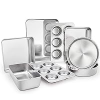 TeamFar Stainless Steel Bakeware Set of 8, Baking Roasting Toaster Oven Pans, Lasagna/Square/Round Cake Pan, Loaf Pan & Muffin Pan, Non-Toxic & Sturdy, Smooth & Dishwasher Safe