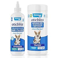 Oticbliss Advanced Cleaning Wipes XL (60 Ct) and Oticbliss Chlorhexidine Flush (12 oz) Bundle Complete Dog Ear Care with Dog Ear Cleaning Wipes Plus Ear Drying Solution for Dogs with Salicylic Acid