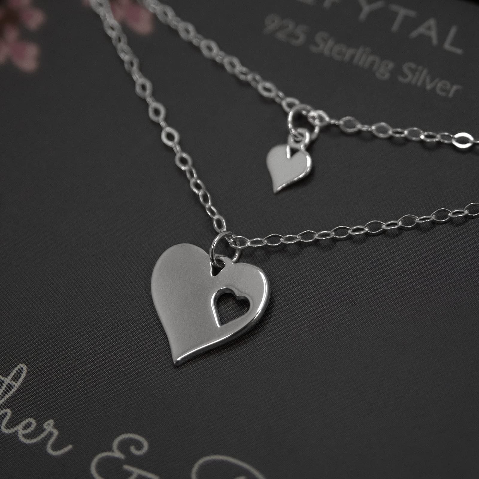 EFYTAL Mother Daughter Set For Two, Cutout Heart Necklaces, 2 Sterling Silver Necklaces Mother's Day Gift