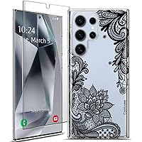 Coolwee Clear Black Lace for Galaxy S24 Ultra Case, [Glass Screen Protector] Shockproof Thin Mandala Henna Flower Slim Cute Women Hard Back Soft TPU Bumper Protective for Samsung S24 Ultra 6.8 inch