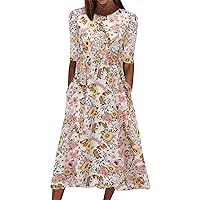 Summer Sundresses for Women 2024 Cutout, Women Casual Loose Bohemian Floral Dress with Pockets Short Sleeve Lo