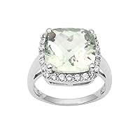 Cushion Shape Green Amethyst 925 Sterling Silver Solitaire Halo Wedding Ring