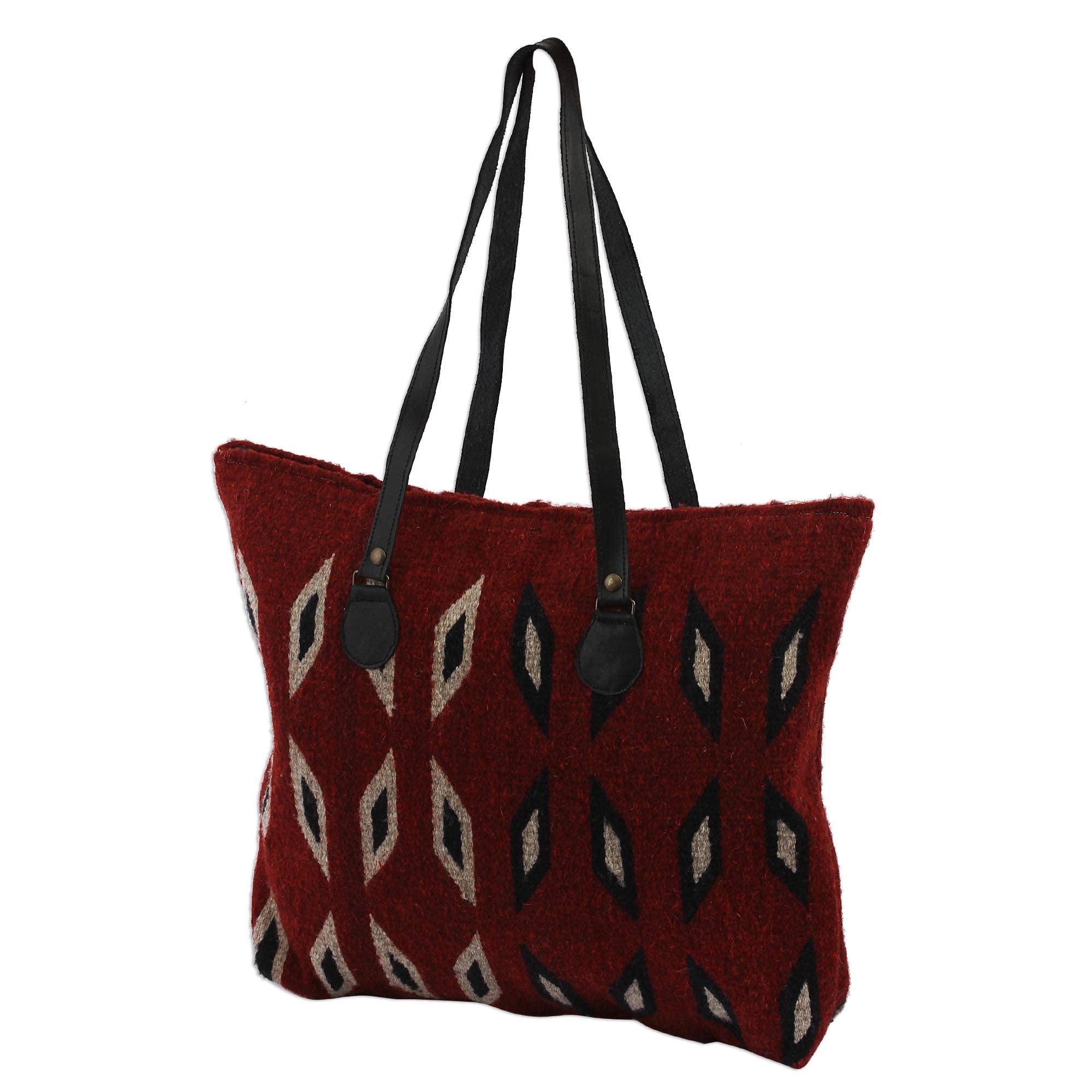 NOVICA Blue Leather Accent and Zapotec Wool Tote Bag, Heartland'