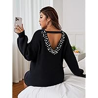 Women's Sweater Dress 2022 Women's Plus Pearl Beaded Cut Out Back Drop Shoulder Sweater Dress Sweater Dress (Color : Black, Size : XX-Large)