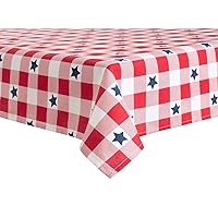 Martha Stewart Americana Star Gingham Plaid Indoor Tablecloth, Patriotic USA America Decor, Red/White/Blue, 60
