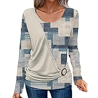 Women's Long Sleeve Tops Fake Two-Piece Stacked Printed Blouses Loose Fit Blouse Stretchy Shirts Relaxed Fit Shirt
