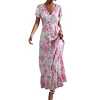 GRASWE Women's Short Sleeve Button Dress Floral Print Casual Dress V Neck Fit Dresses