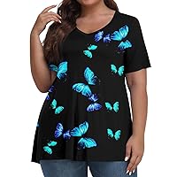 Plus Size Summer Outfits Women Plus Size Fall Clothing Spring Tops for Women Casual Short Sleeve V Neck Shirts Fashion Printed Pullover Blouse Graphic Tees Tops 01-Blue 4X-Large