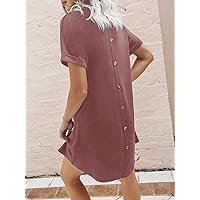 Necklaces for Women Fake Button Dolman Sleeve Tee Dress (Color : Dusty Pink, Size : S)