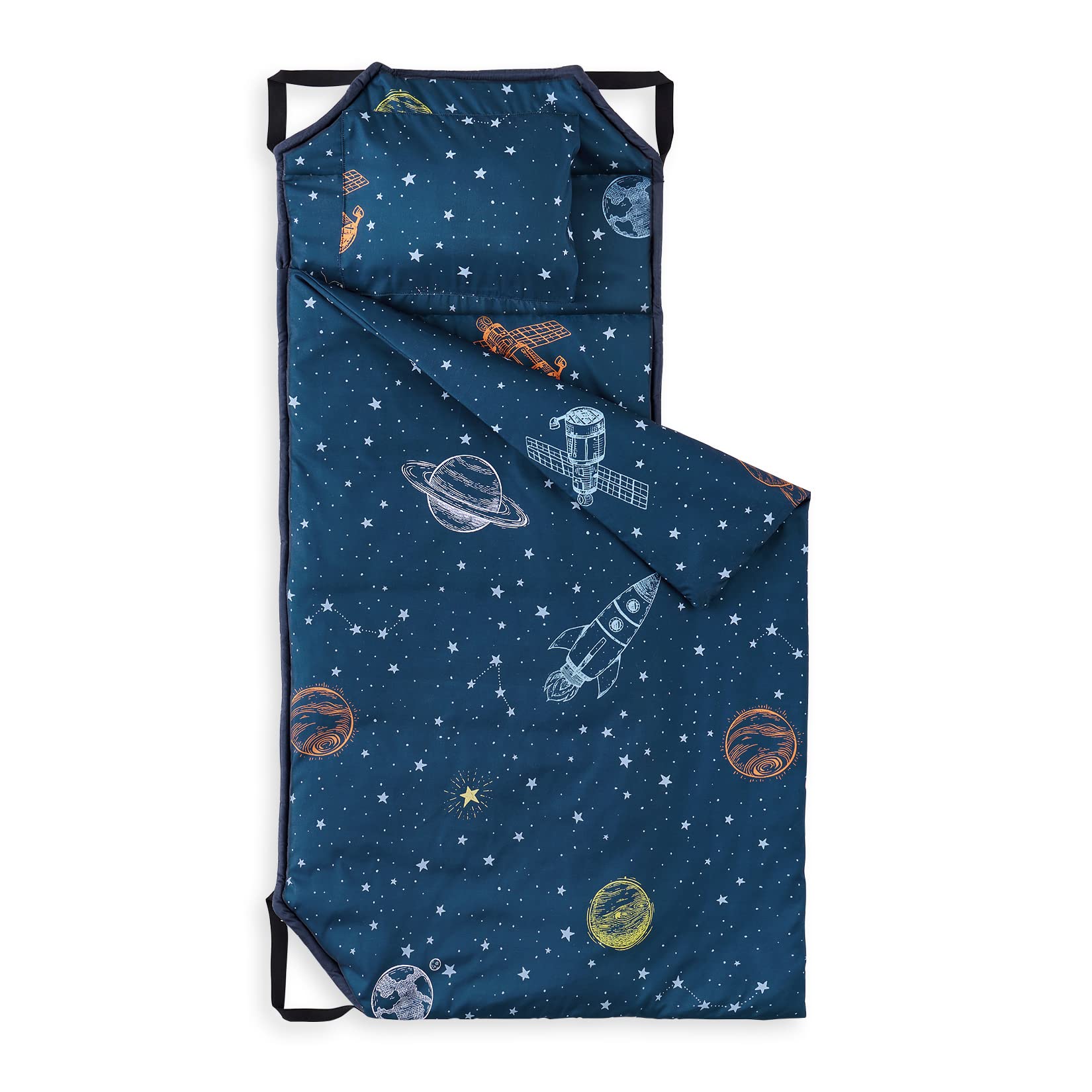 Wake In Cloud - Nap Mat with Pillow for Kids Toddler Boys Girls, Fit Preschool Daycare Sleeping Cot with Elastic Corner Straps, Rockets Stars Galaxy Space Planet on Navy Blue, 100% Soft Microfiber