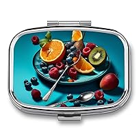 Pill Box Square Pill Case for Purse & Pocket Portable Mini Fruit and Spoon Pill Organizer with 2 Compartment Cute Pill Container Holder Travel Pillbox to Hold Vitamins Medication Fish Oil