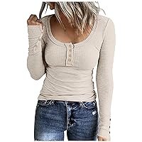 Long Sleeve Shirts for Women Button Henley Round Neck T-Shirt Solid Slim Fit Ribbed Tunic Fashion Tops Blouses