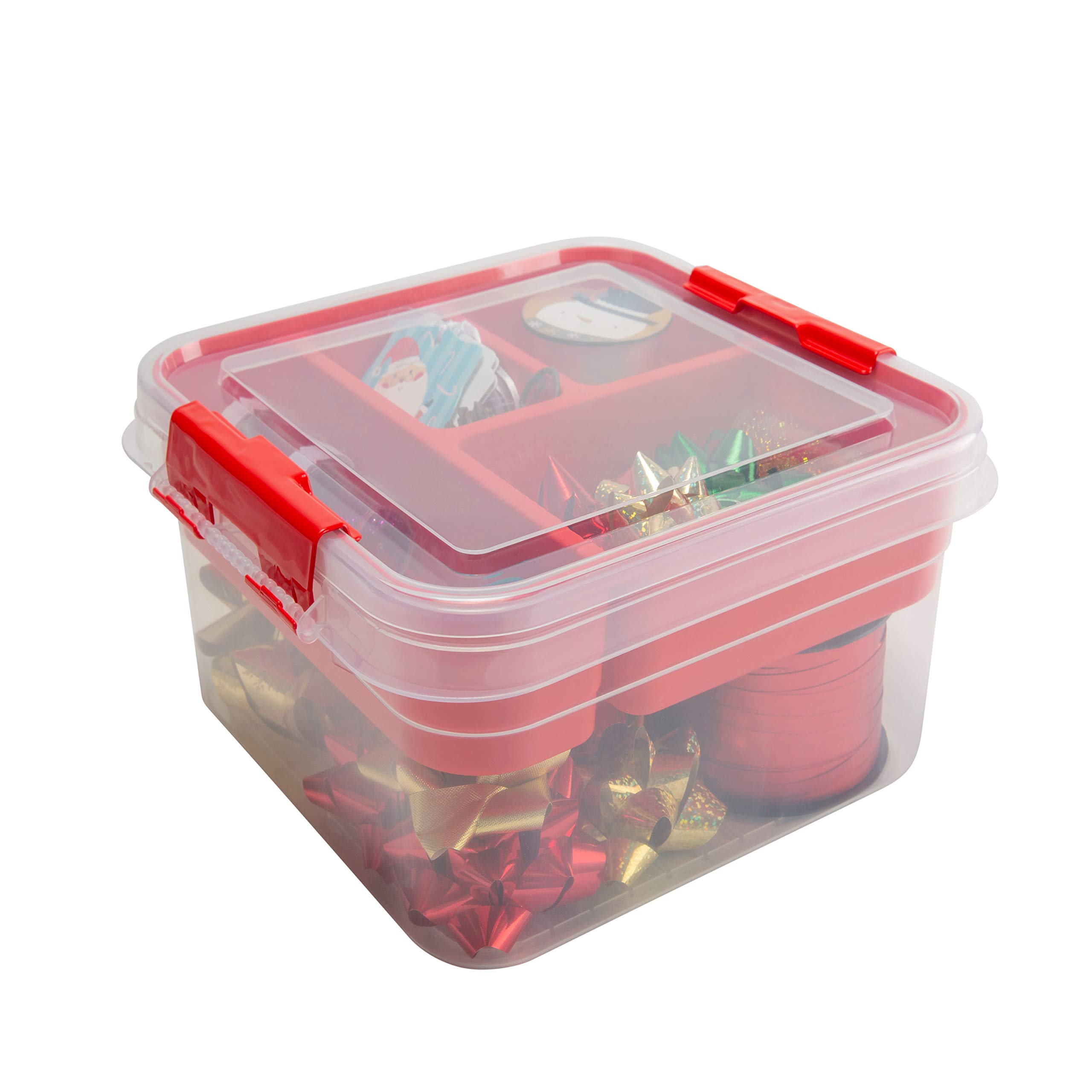 Simplify 5 Compartment Gift Supply Storage Box | 2 Tier Box | Red | Clear Top Lid | Dimensions: 9.5