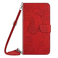 XYX Wallet Case Compatible with Motorola G84, Emboss Butterfly Flower PU Leather Flip Protective Case with Adjustable Shoulder Strap for Moto G84, Red