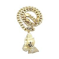 Praying Folded Hands Pendant with Clear Crystals Encrusted Gold-Tone Cuban Chain Necklace