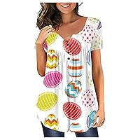 Easter Shirts for Women,Short Sleeve Shirts for Women Bunny and Egg Print Button V Neck Loose Shirts Womens Plus Size Tops