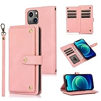 Vintage Leather Case Phone Case Wallet Stand Function can Place 9 Cards with Hand Strap Anti-Drop Wear for iPhone 14 12 11 13 Pro Max Mini 7 8 Plus XR XS Back Cover(Pink,iPhone 11)
