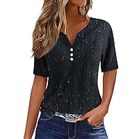 Going Out Tops for Women V Neck Button Down T Shirts Printing Short Sleeve Clothes Loose Vacation Y2k Tops