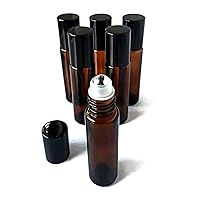 Roller Bottles for Essential Oils by Oils For Everything, Glass 10ml Amber Bottle with Steel Roller Ball and Black Cap - 6 Pack