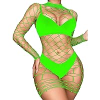 YiZYiF Womens Fishnet Bodycon Mini Dress Mock Neck Hollow Out Nightdress Mesh Sheer Club Party Dress Green One Size