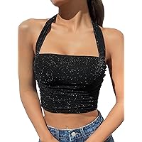 OYOANGLE Women's Glitter Sparkly Sleeveless Tie Backless Ruched Crop Halter Tops Party Clubwear Black Medium