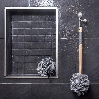 Toem Loofah Back Scrubber For Shower | Bamboo Charcoal Fiber Infused | Bath Sponge | Lufas For Men & Women | Includes 1 Long Handled Shower Sponge, 1 Bath & Shower Luffa Pouf & 1 Hook To Hang Stuff