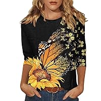 Graphic Tees for Women,3/4 Sleeve Tops for Women Round Neck Vintage Print Graphic Shirt Plus Size Tops for Women