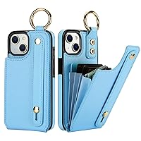 Folosu for iPhone 13/14 Wallet Case with Card Holder, Hand Wrist Strap Loop Holder Kickstand, RFID Blocking Finger Grip Ring PU Leather Double Buttons Shockproof Cover 6.1
