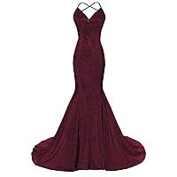 DYS Women's Sequins Mermaid Prom Dress Spaghetti Straps V Neck Backless Gowns US 18Plus Dark Wine