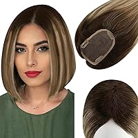 Full Shine Hair Topper Silk Base Crown 3 * 5inch Toupee Replacement Real Human Hair Wiglet Brown Fading to Blonde Highlight Top Hair Piece for Women Hair Loss 14 Inch