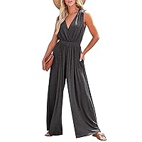 KIRUNDO Jumpsuits For Women Summer Dressy Casual One Piece Sleeveless Wrap V Neck Wide Leg Pants Romper With Pockets