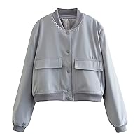 Women's Cropped Lightweight Varsity Jacket Long Sleeve Bomber Jacket Coat with Pocket