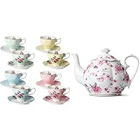BTaT- Floral Tea Cups and Saucers, Set of 8 (8 oz) and Floral Tea Pot, 38 oz