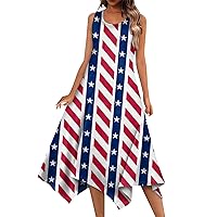 4th of July Dress Women Round Neck Red White Blue Dresses 2024 Casual Summer Sleeveless Print Tank Loose Sundress