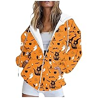 Halloween Batwing Pattern Hoodies Zip Up Oversized Sweatshirt Jacket With Pocket Y2k Teen Girl Workout Clothes